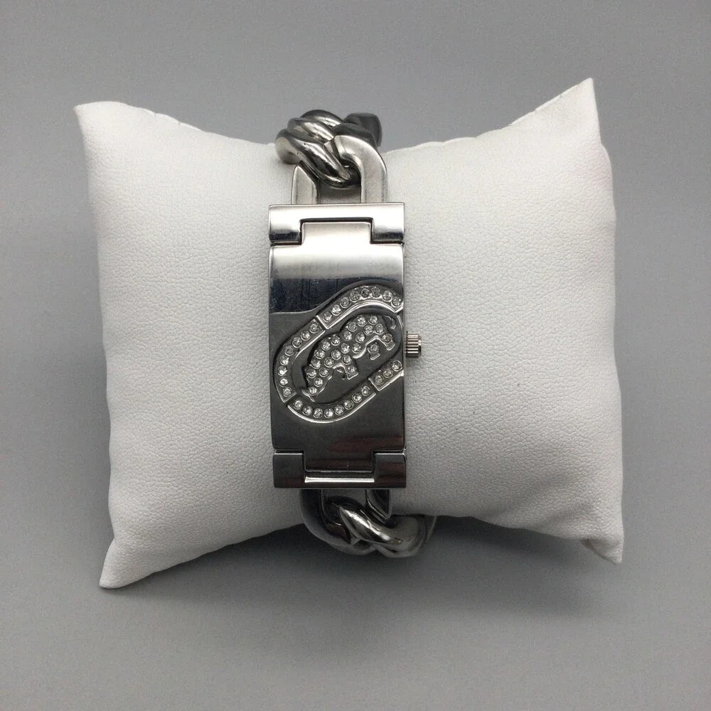 Marc Ecko Flip Up Womens Watch 19mm Rhinestone Logo Chain Band New Battery 8.75